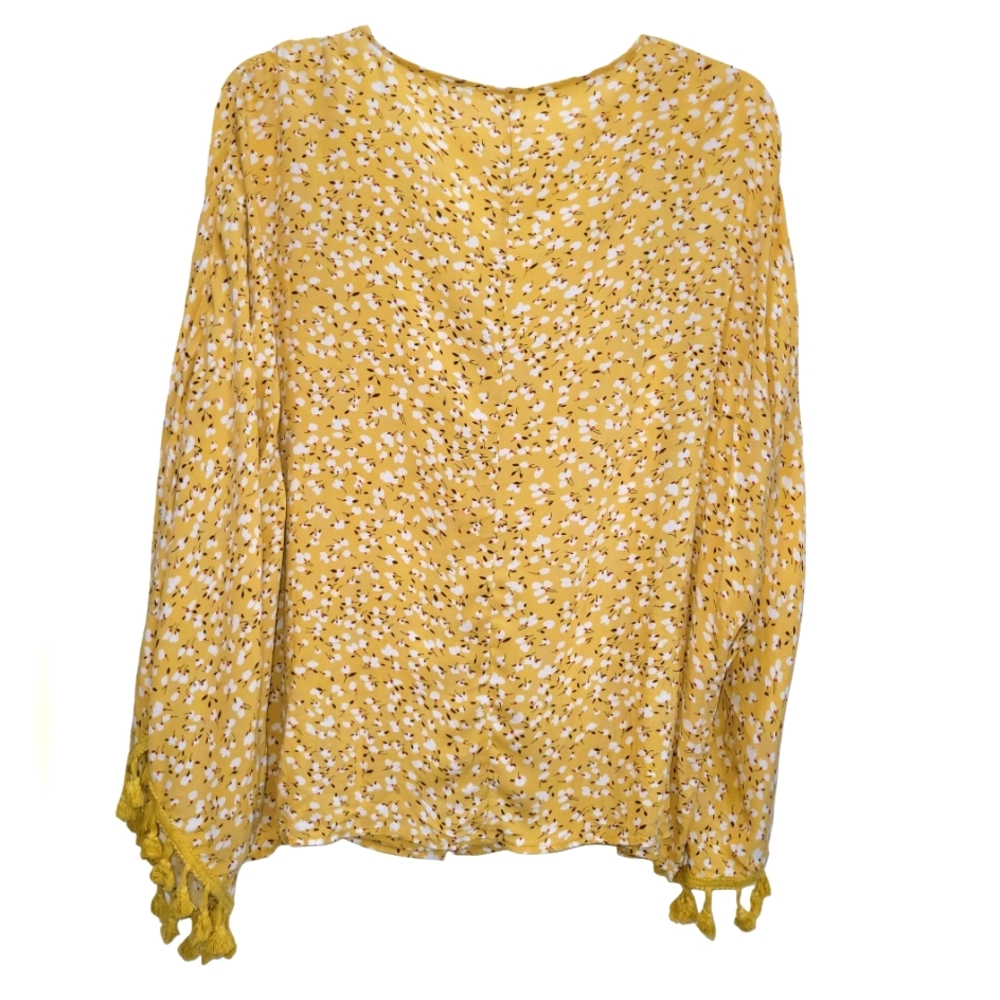 XL Cotton Blend Button Down Chic Mustard Floral Blouse with Tassel Details - Picture 3 of 5
